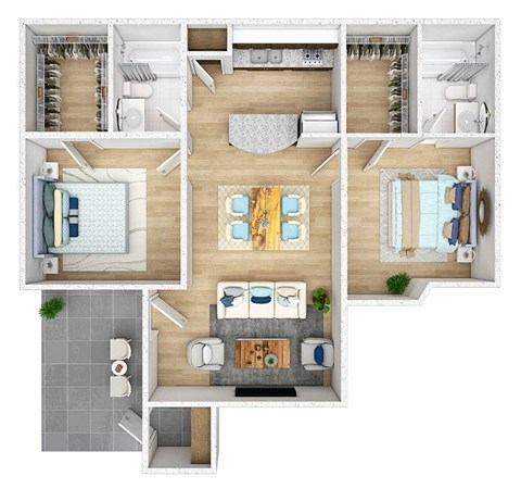 A top-down view of a modern apartment layout with a kitchen, living room, dining area, and bathroom.